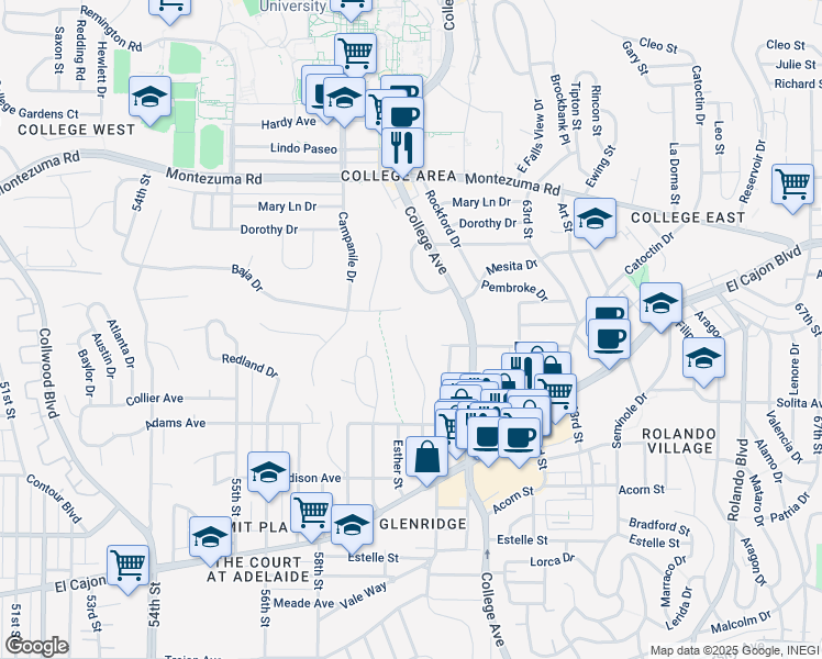 map of restaurants, bars, coffee shops, grocery stores, and more near 4851 60th Street in San Diego
