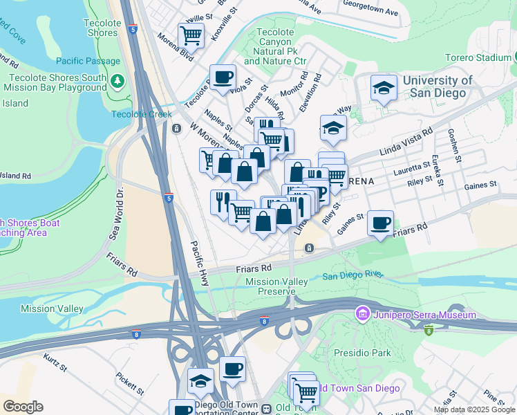 map of restaurants, bars, coffee shops, grocery stores, and more near in San Diego