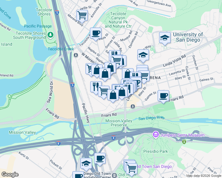 map of restaurants, bars, coffee shops, grocery stores, and more near in San Diego