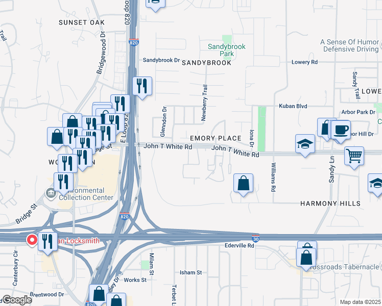 map of restaurants, bars, coffee shops, grocery stores, and more near 1004 Willow Drive in Fort Worth