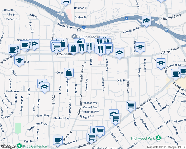 map of restaurants, bars, coffee shops, grocery stores, and more near 4791 73rd Street in La Mesa
