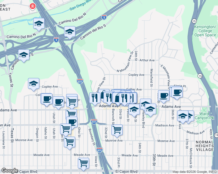 map of restaurants, bars, coffee shops, grocery stores, and more near 3222 Collier Avenue in San Diego
