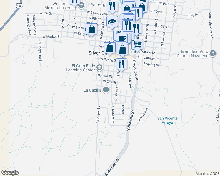 map of restaurants, bars, coffee shops, grocery stores, and more near 506 South Arizona Street in Silver City