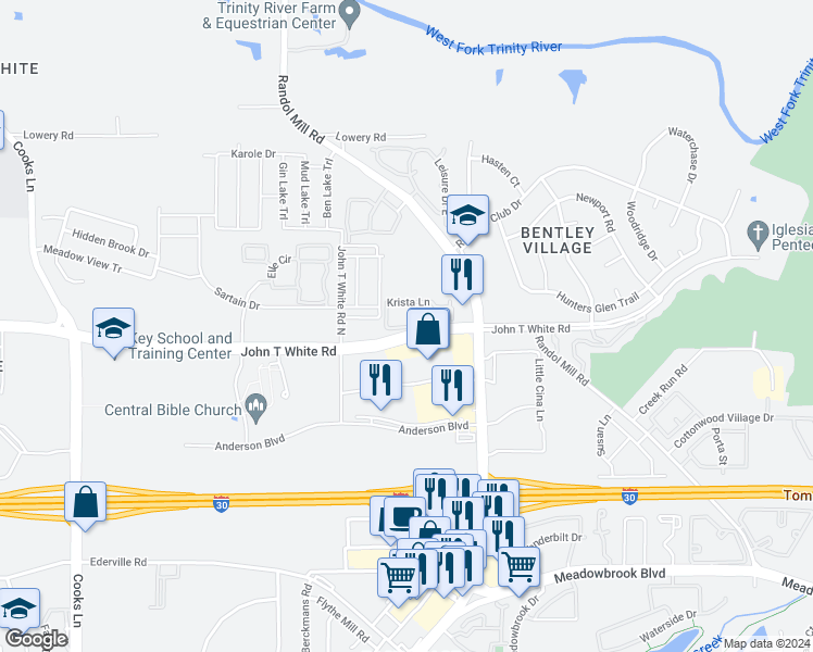 map of restaurants, bars, coffee shops, grocery stores, and more near 8511 Easton Lane in Fort Worth
