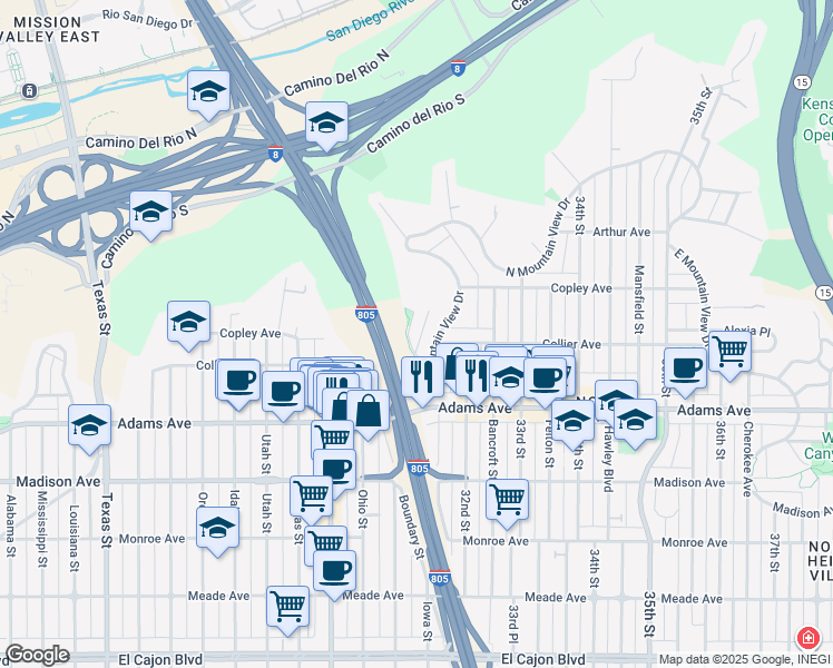 map of restaurants, bars, coffee shops, grocery stores, and more near 4817 Kenmore Terrace in San Diego