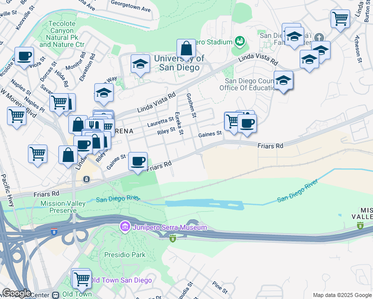 map of restaurants, bars, coffee shops, grocery stores, and more near 5780 Friars Road in San Diego