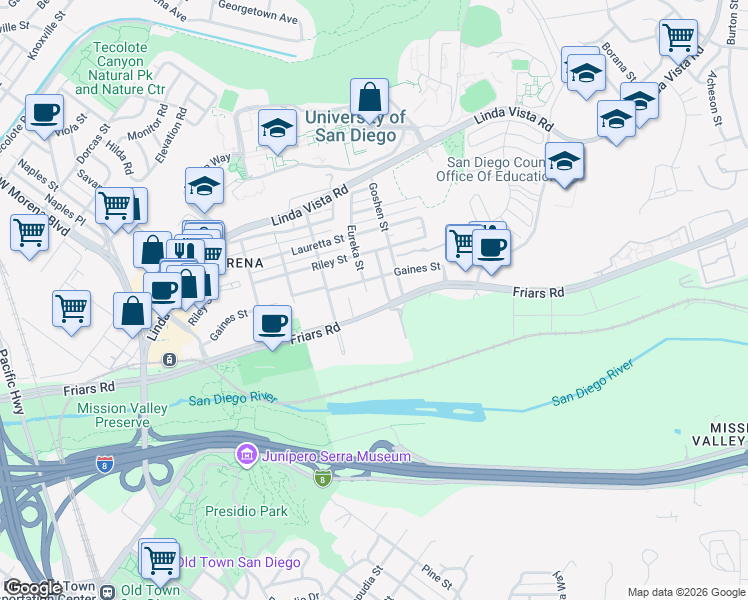 map of restaurants, bars, coffee shops, grocery stores, and more near 1058 Fresno Street in San Diego