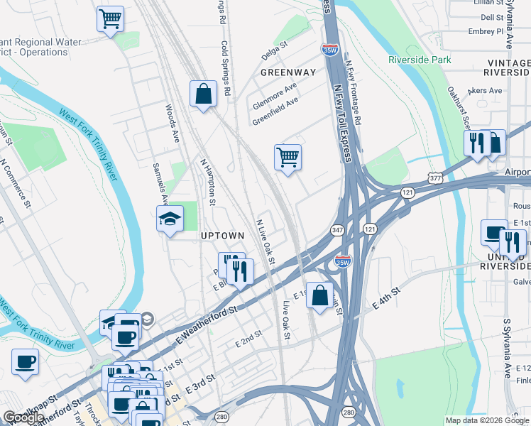 map of restaurants, bars, coffee shops, grocery stores, and more near 503 North Diamond Avenue in Fort Worth