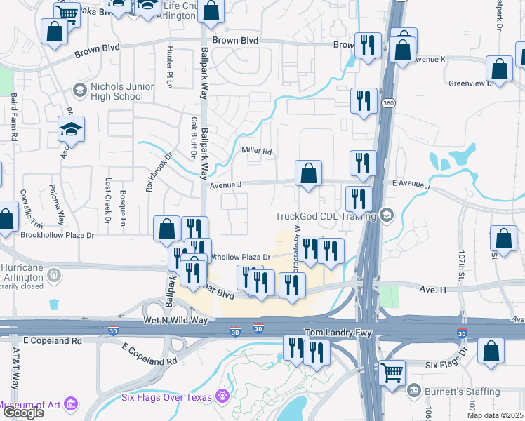 map of restaurants, bars, coffee shops, grocery stores, and more near 2230 Avenue J in Arlington