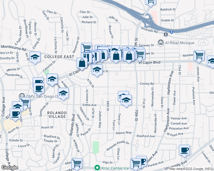 map of restaurants, bars, coffee shops, grocery stores, and more near 4802 68th Street in San Diego