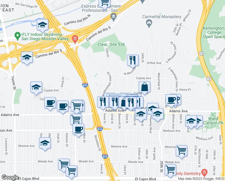 map of restaurants, bars, coffee shops, grocery stores, and more near 3204 Collier Avenue in San Diego