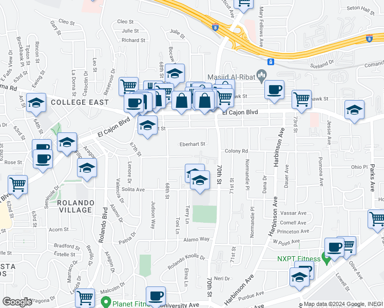 map of restaurants, bars, coffee shops, grocery stores, and more near 6862 Rosefield Drive in La Mesa