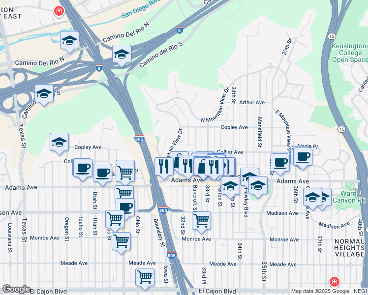 map of restaurants, bars, coffee shops, grocery stores, and more near 3204 Collier Avenue in San Diego