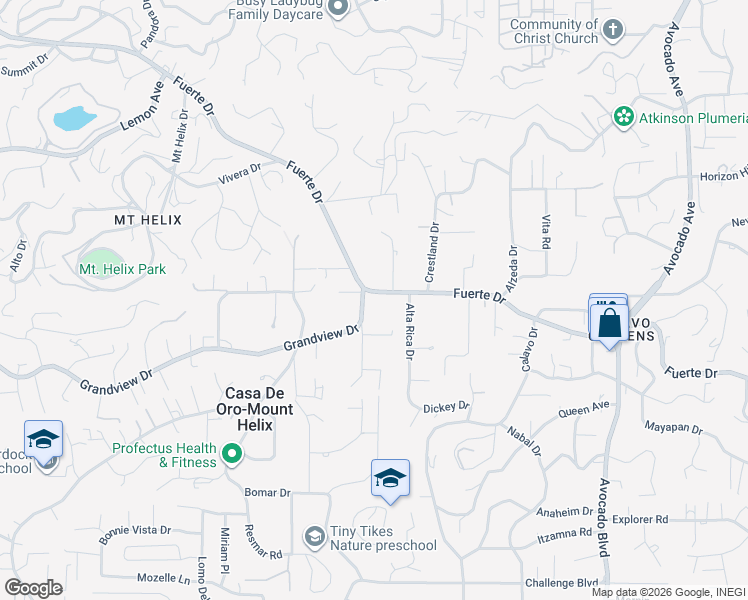 map of restaurants, bars, coffee shops, grocery stores, and more near 10545 Grandview Drive in La Mesa