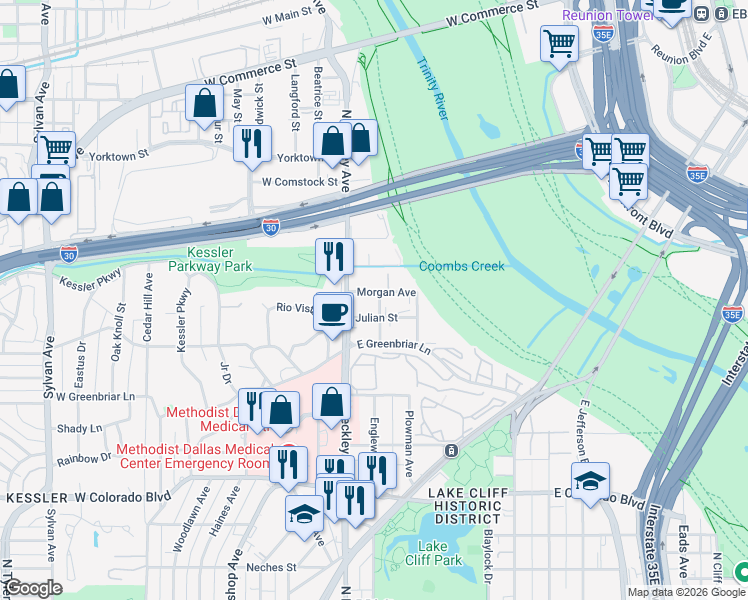 map of restaurants, bars, coffee shops, grocery stores, and more near 1710 North Beckley Avenue in Dallas