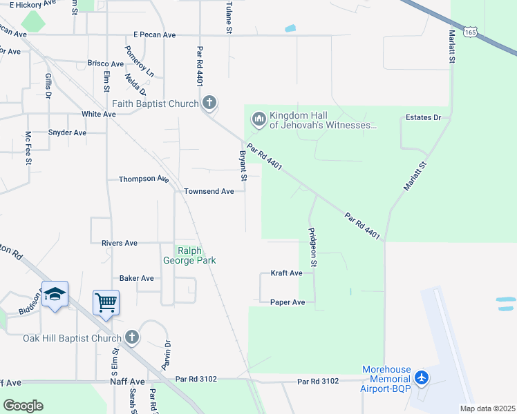 map of restaurants, bars, coffee shops, grocery stores, and more near 1415 Bryant Street in Bastrop