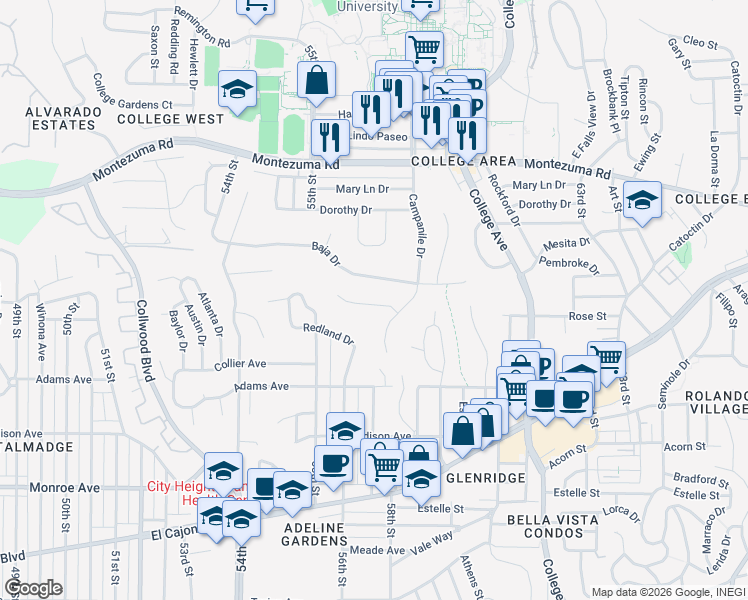 map of restaurants, bars, coffee shops, grocery stores, and more near 5718 Campanile Way in San Diego