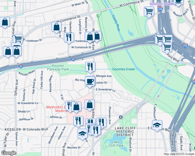 map of restaurants, bars, coffee shops, grocery stores, and more near 1710 North Beckley Avenue in Dallas