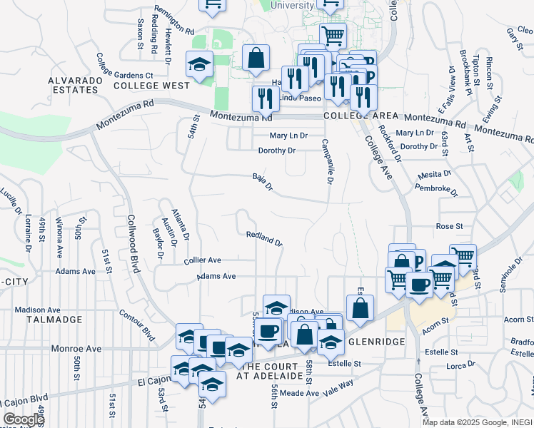 map of restaurants, bars, coffee shops, grocery stores, and more near 5613 Campanile Way in San Diego