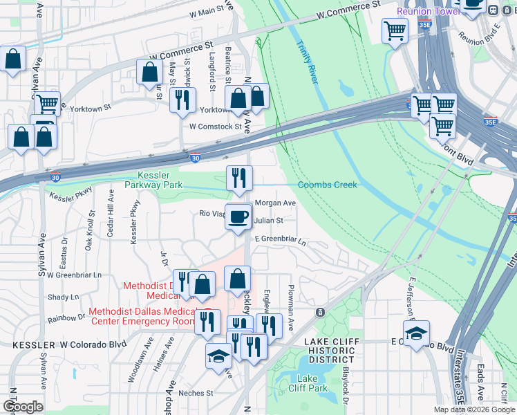 map of restaurants, bars, coffee shops, grocery stores, and more near in Dallas