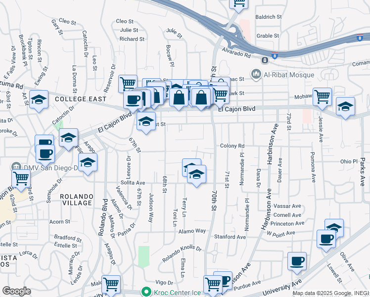 map of restaurants, bars, coffee shops, grocery stores, and more near 6850 Rosefield Drive in San Diego