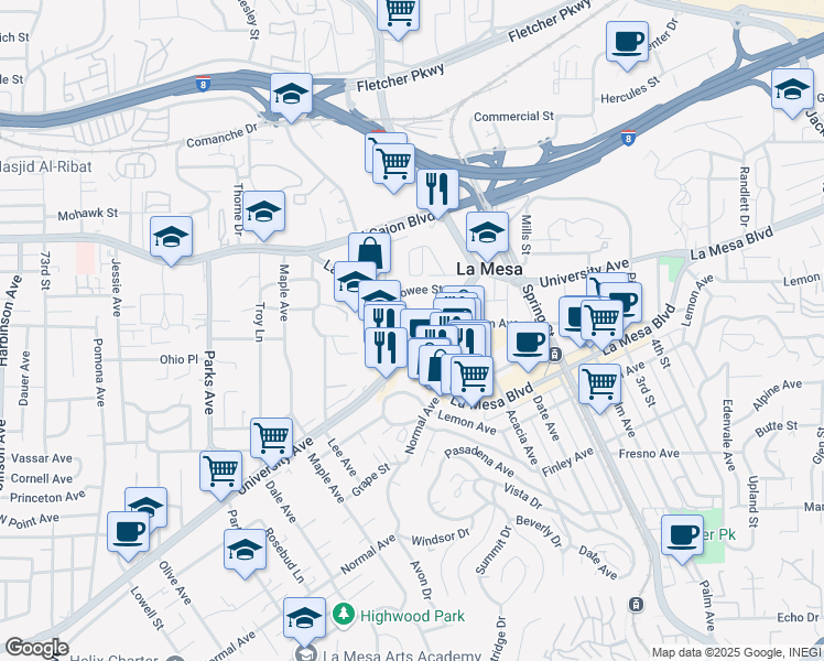 map of restaurants, bars, coffee shops, grocery stores, and more near 8012 University Avenue in La Mesa