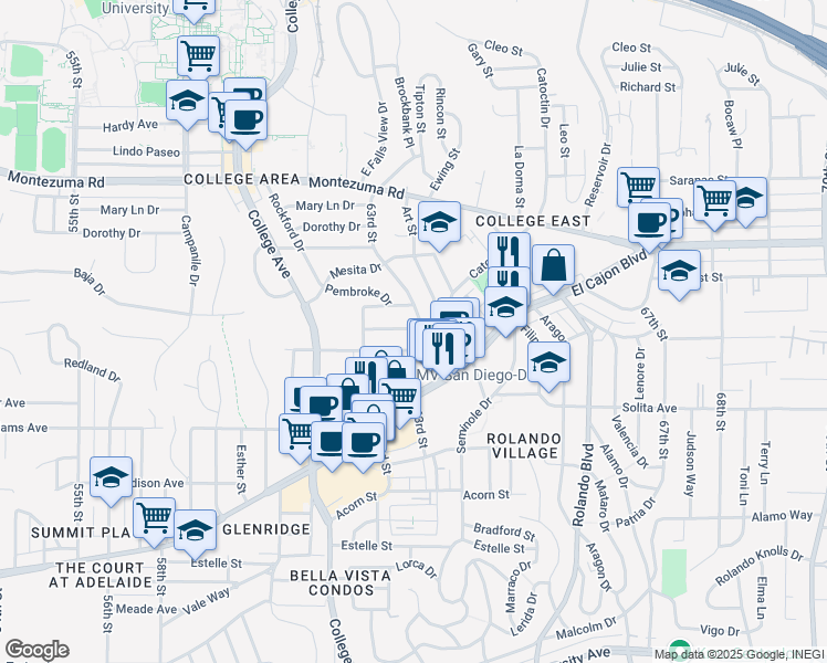 map of restaurants, bars, coffee shops, grocery stores, and more near 4808 63rd Street in San Diego