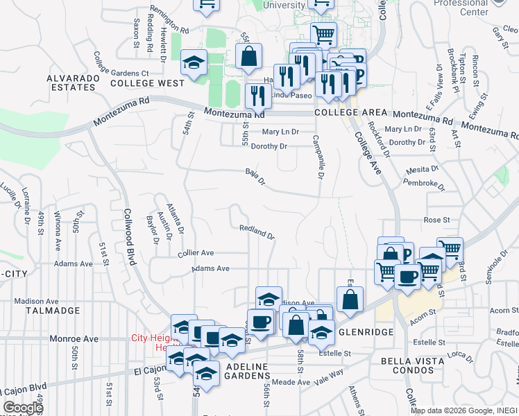 map of restaurants, bars, coffee shops, grocery stores, and more near 5628 Campanile Way in San Diego