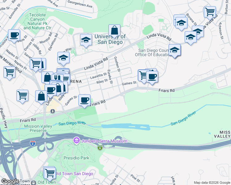 map of restaurants, bars, coffee shops, grocery stores, and more near 1058 Fresno Street in San Diego