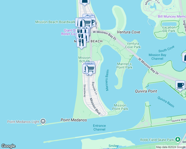 map of restaurants, bars, coffee shops, grocery stores, and more near 2921 Bayside Lane in San Diego
