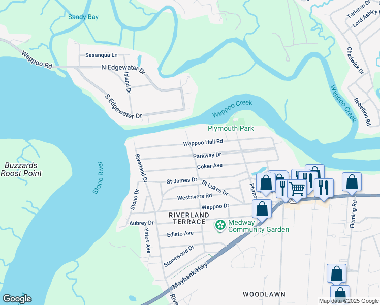 map of restaurants, bars, coffee shops, grocery stores, and more near 2139 Wappoo Hall Road in Charleston