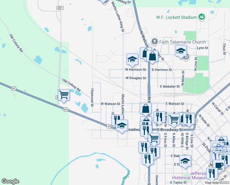 map of restaurants, bars, coffee shops, grocery stores, and more near 409 Martin Luther King Drive in Jefferson