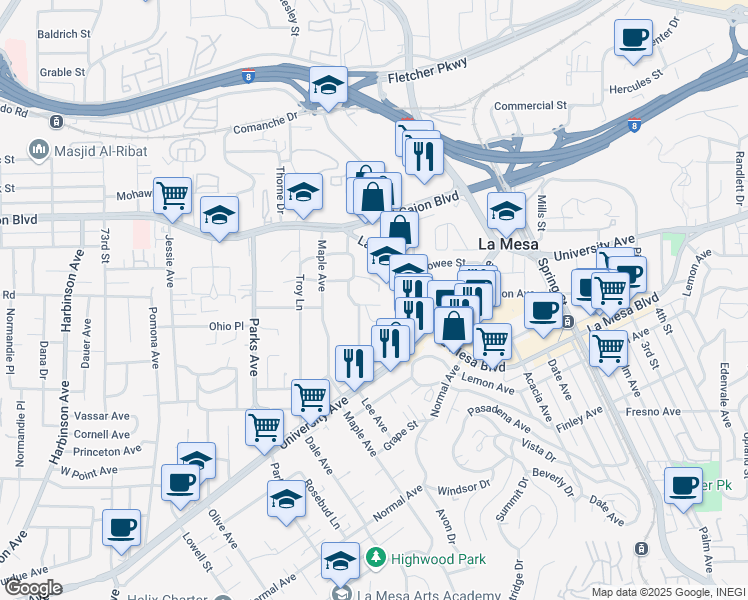 map of restaurants, bars, coffee shops, grocery stores, and more near 7840 Carter Place in La Mesa