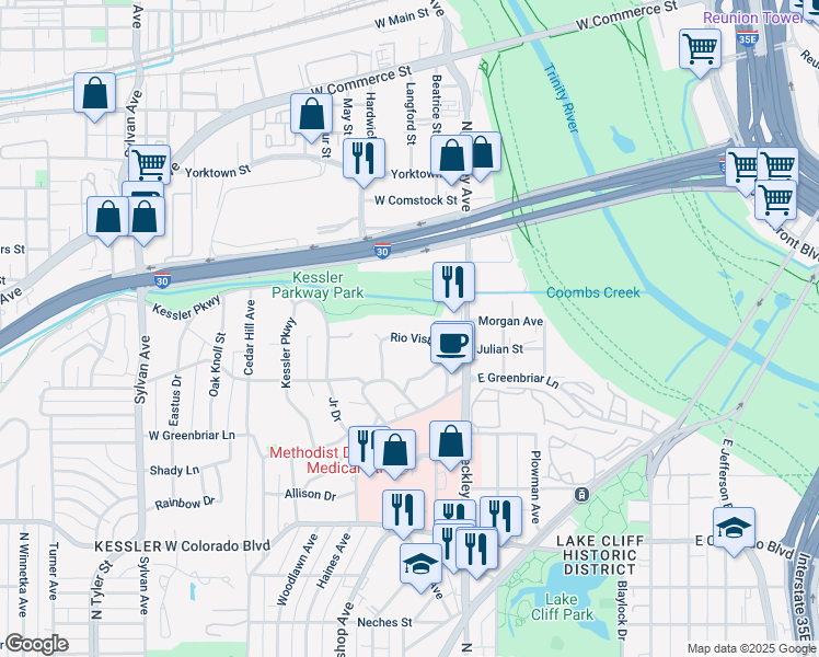 map of restaurants, bars, coffee shops, grocery stores, and more near 1628 Rio Vista Drive in Dallas