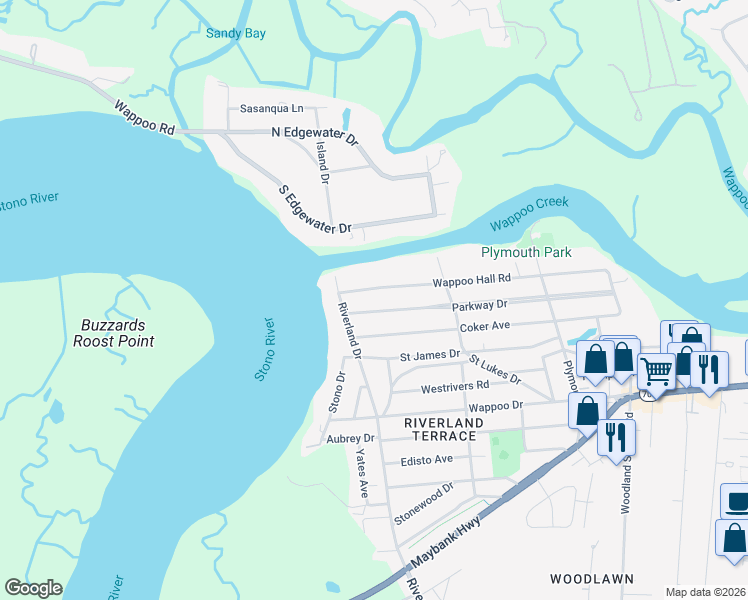 map of restaurants, bars, coffee shops, grocery stores, and more near 2181 Wappoo Hall Road in Charleston