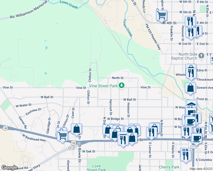 map of restaurants, bars, coffee shops, grocery stores, and more near 601 Harcourt Street in Weatherford