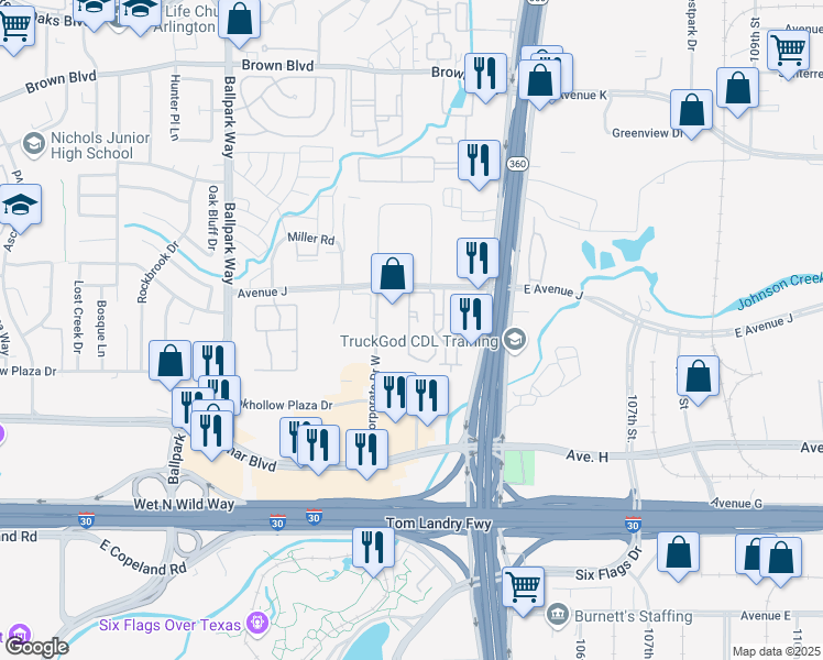 map of restaurants, bars, coffee shops, grocery stores, and more near 1104 Wynncrest Lane in Arlington