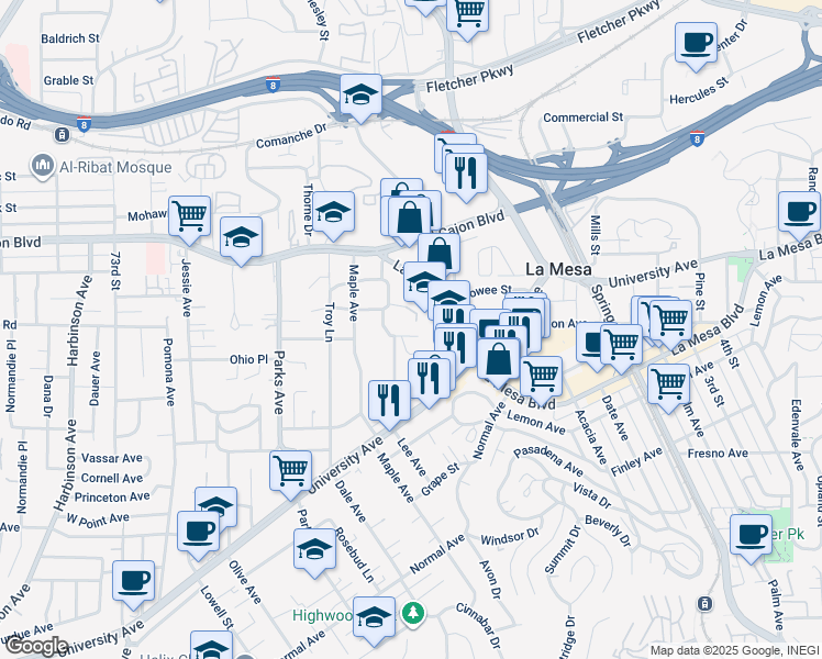 map of restaurants, bars, coffee shops, grocery stores, and more near 7840 Carter Place in La Mesa