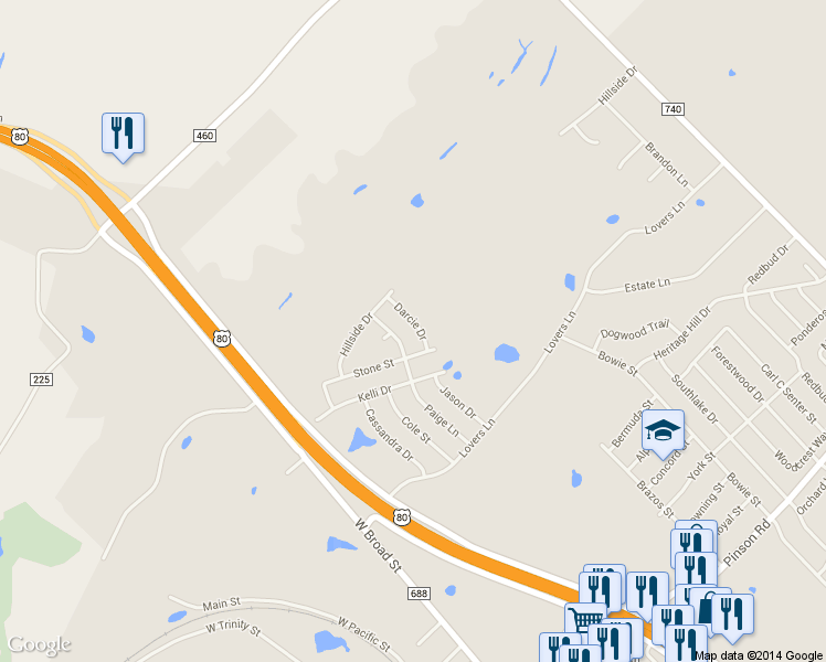 map of restaurants, bars, coffee shops, grocery stores, and more near 106 Darcie Dr in Forney