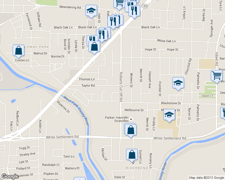 map of restaurants, bars, coffee shops, grocery stores, and more near 5316 Cahill Oval Street in River Oaks