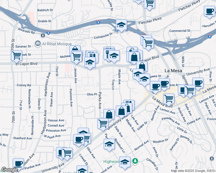 map of restaurants, bars, coffee shops, grocery stores, and more near 7654 Marie Avenue in La Mesa