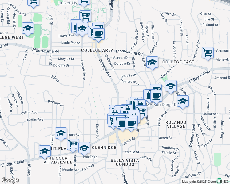 map of restaurants, bars, coffee shops, grocery stores, and more near 4840 College Avenue in San Diego
