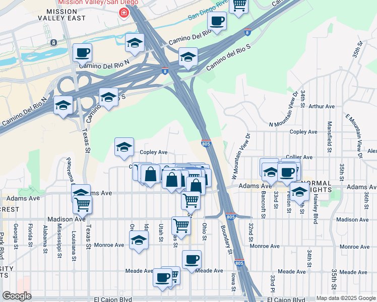 map of restaurants, bars, coffee shops, grocery stores, and more near 2936 Copley Avenue in San Diego
