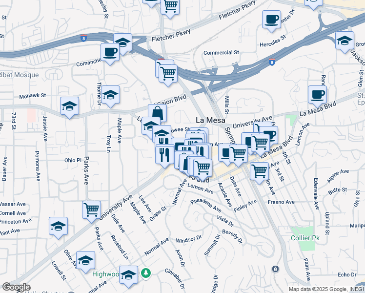 map of restaurants, bars, coffee shops, grocery stores, and more near 8012 University Avenue in La Mesa