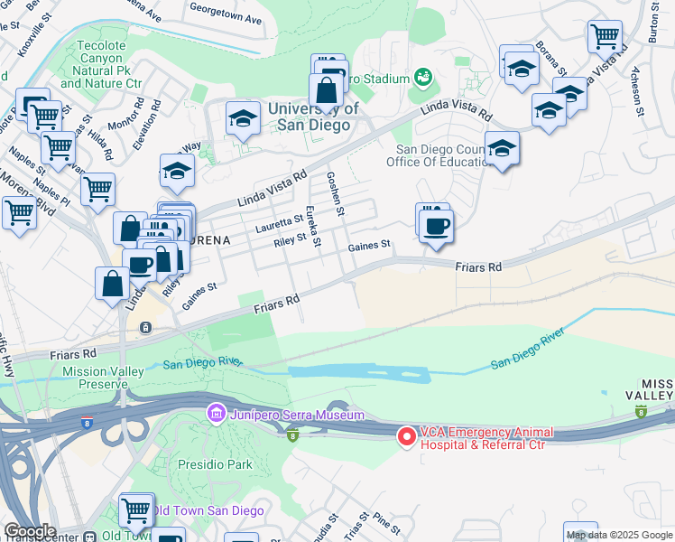 map of restaurants, bars, coffee shops, grocery stores, and more near 1058 Fresno Street in San Diego