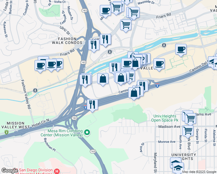 map of restaurants, bars, coffee shops, grocery stores, and more near 750 Camino Del Rio North in San Diego