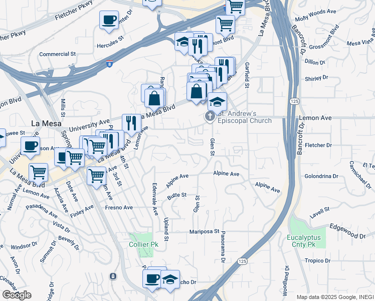 map of restaurants, bars, coffee shops, grocery stores, and more near 8656 Chevy Chase Drive in La Mesa
