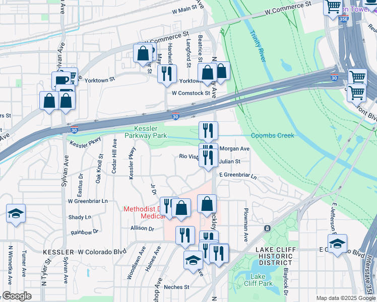 map of restaurants, bars, coffee shops, grocery stores, and more near 1628 Rio Vista Drive in Dallas