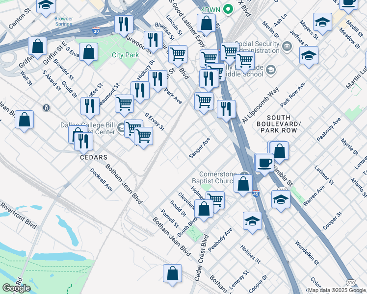 map of restaurants, bars, coffee shops, grocery stores, and more near 2518 South Ervay Street in Dallas