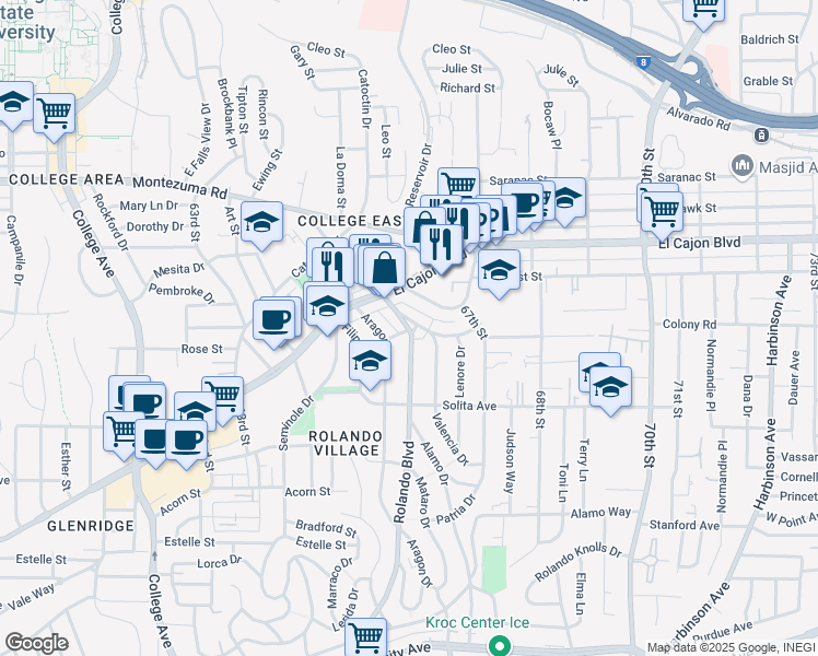 map of restaurants, bars, coffee shops, grocery stores, and more near 4808 Rolando Boulevard in San Diego